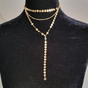 3 Strands Triple Layered Choker Y Necklace Gold Tone & Clear Sequin Studs Boho